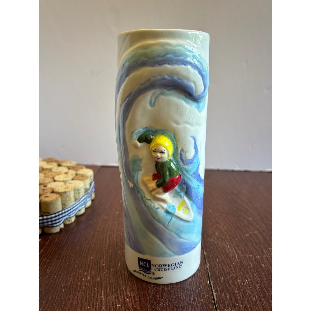 Norwegian Cruise Line NCL Surfer Hang Ten Ceramic Tiki Mug Souvenir Tall Glass